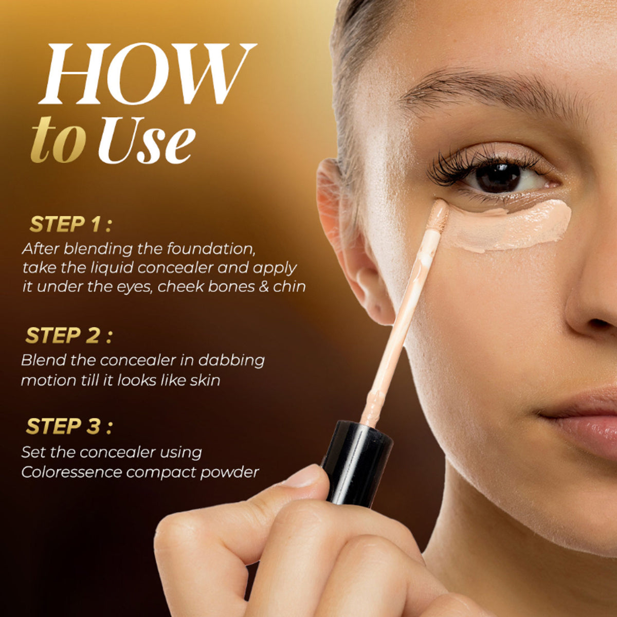 Coloressence Time To Prime full coverage liquid concealer in Toffee shade, shown in a sleek tube with applicator.