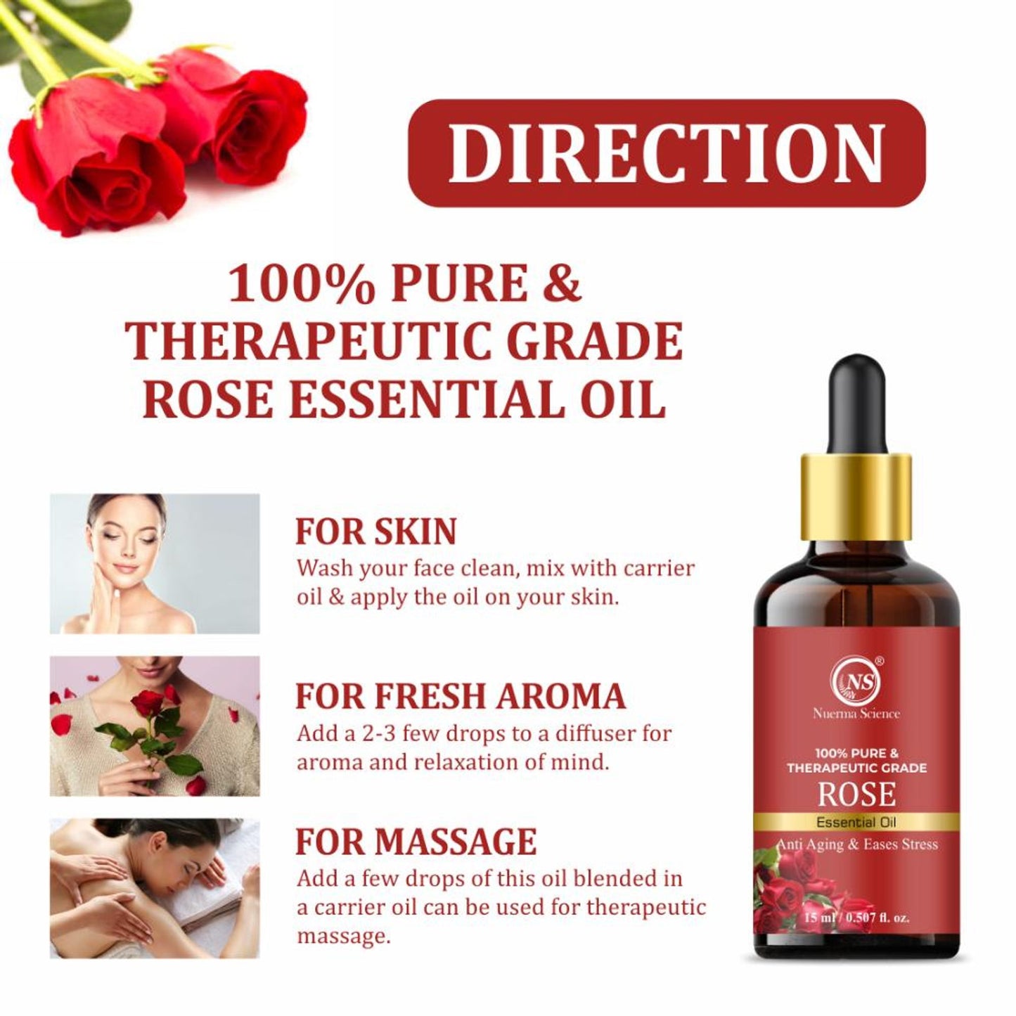 Nuerma Science Rose Essential Oil (100% Pure) for Fair Skin, Tan Removal & Glowing Skin