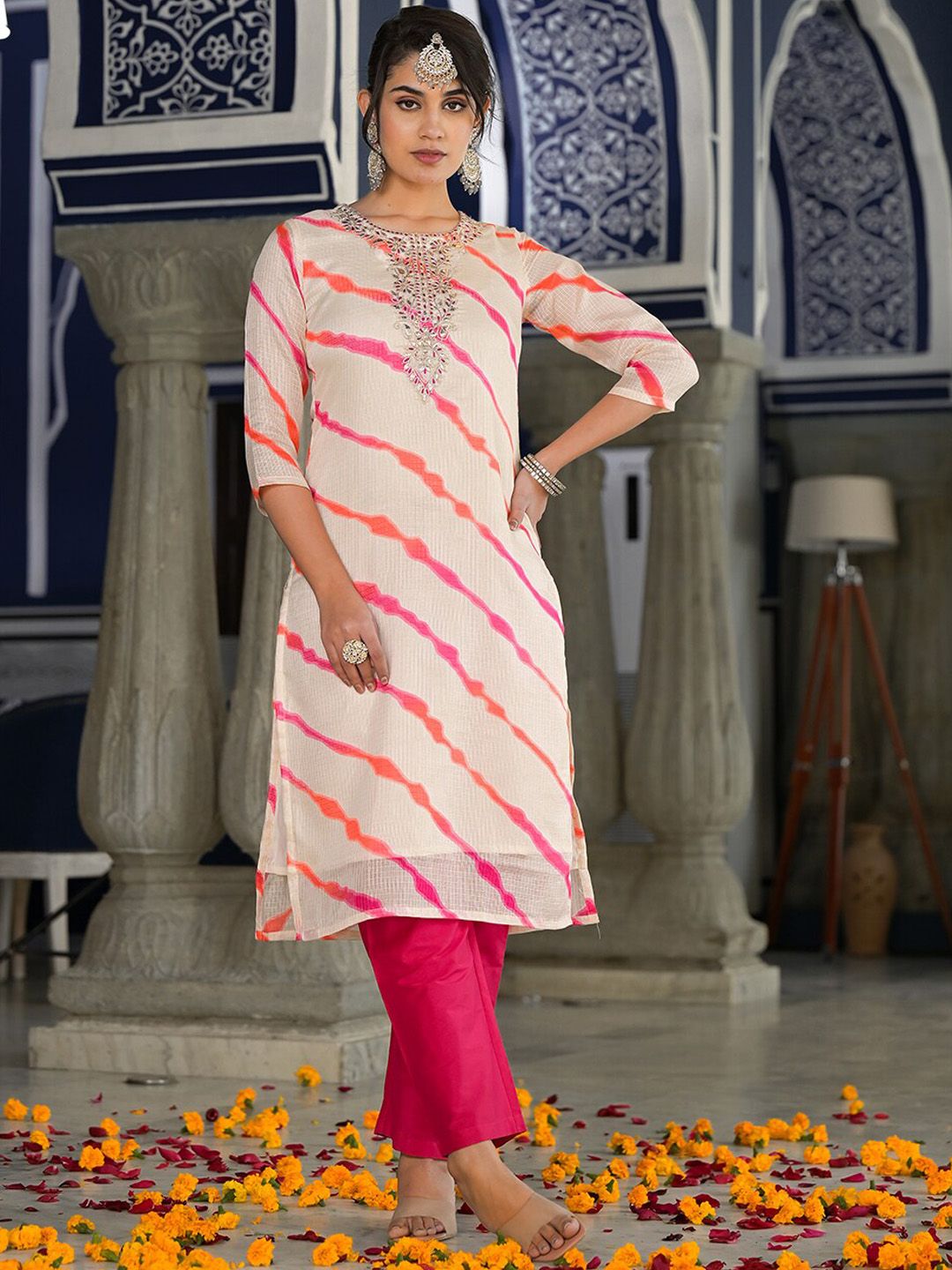 Indyancart VA Women's Bandhani Dyed Regular Gotta Patti Kurta with Trousers & With Dupatta