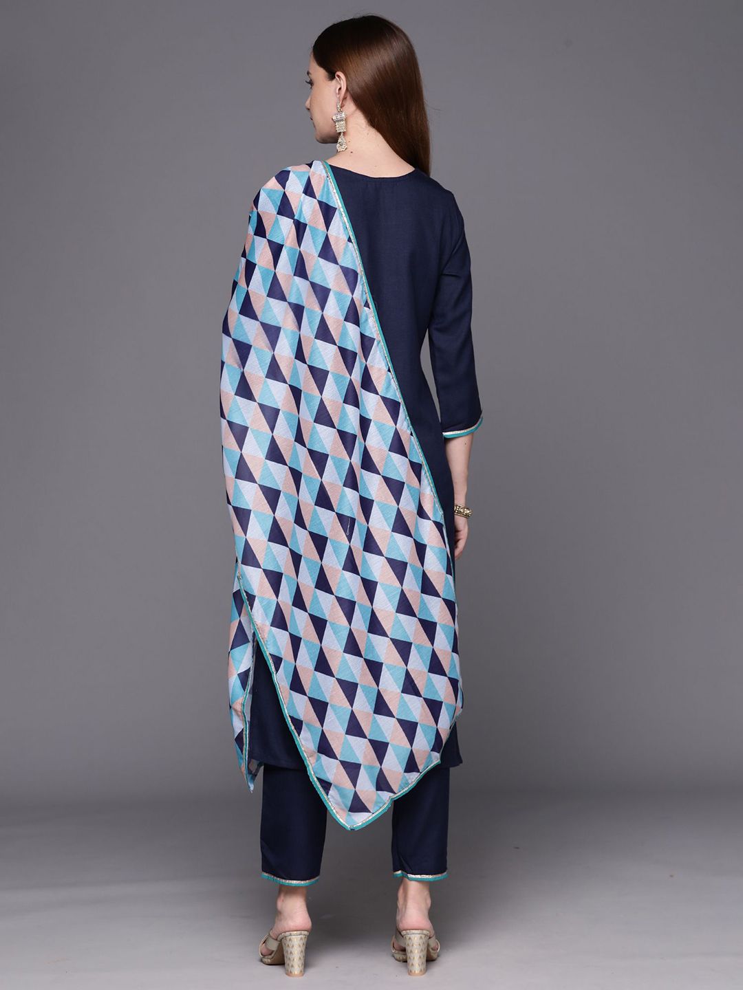 Dhiyona IE Geometric Yoke Design Keyhole Neck Straight Kurta With Trousers & Dupatta