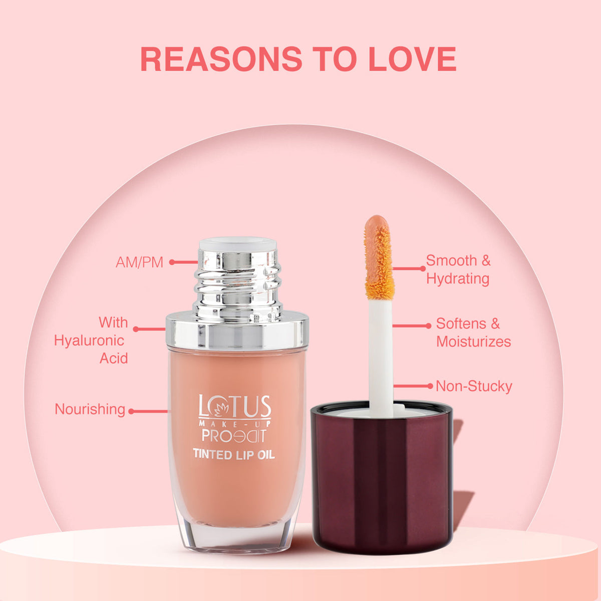 Lotus Make Up Proedit Tinted Lip Oil in Nude shade, featuring a clear tube with a doe-foot applicator and glossy finish.