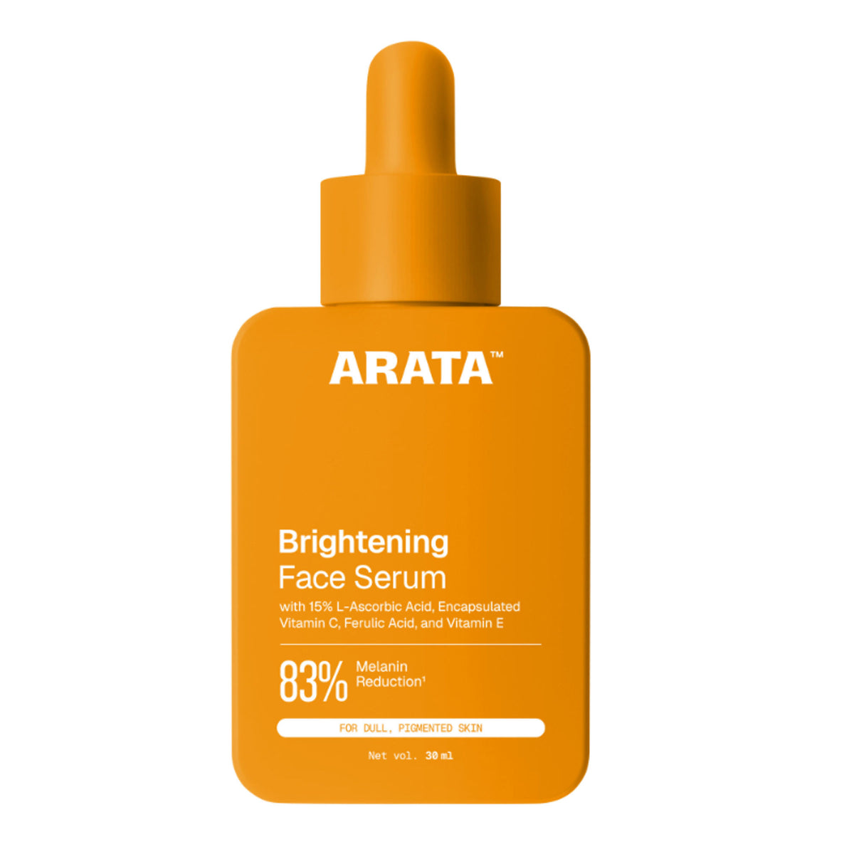 Arata Vitamin C Face Serum bottle showing brightening and collagen support, with orange citrus imagery and clean packaging.