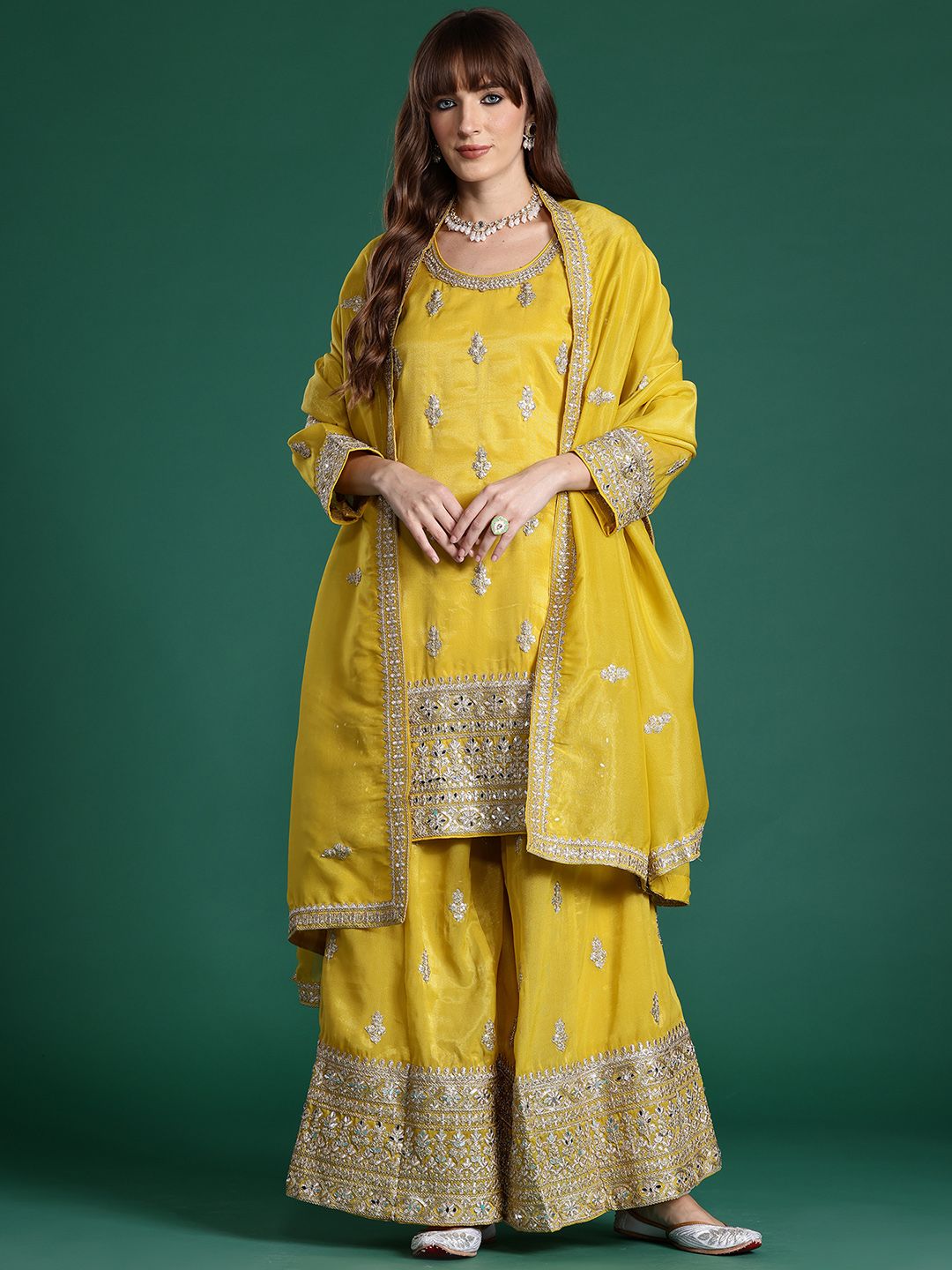 Indyancart IE Ethnic Motifs Embroidered Sequinned Kurta with Palazzos & With Dupatta