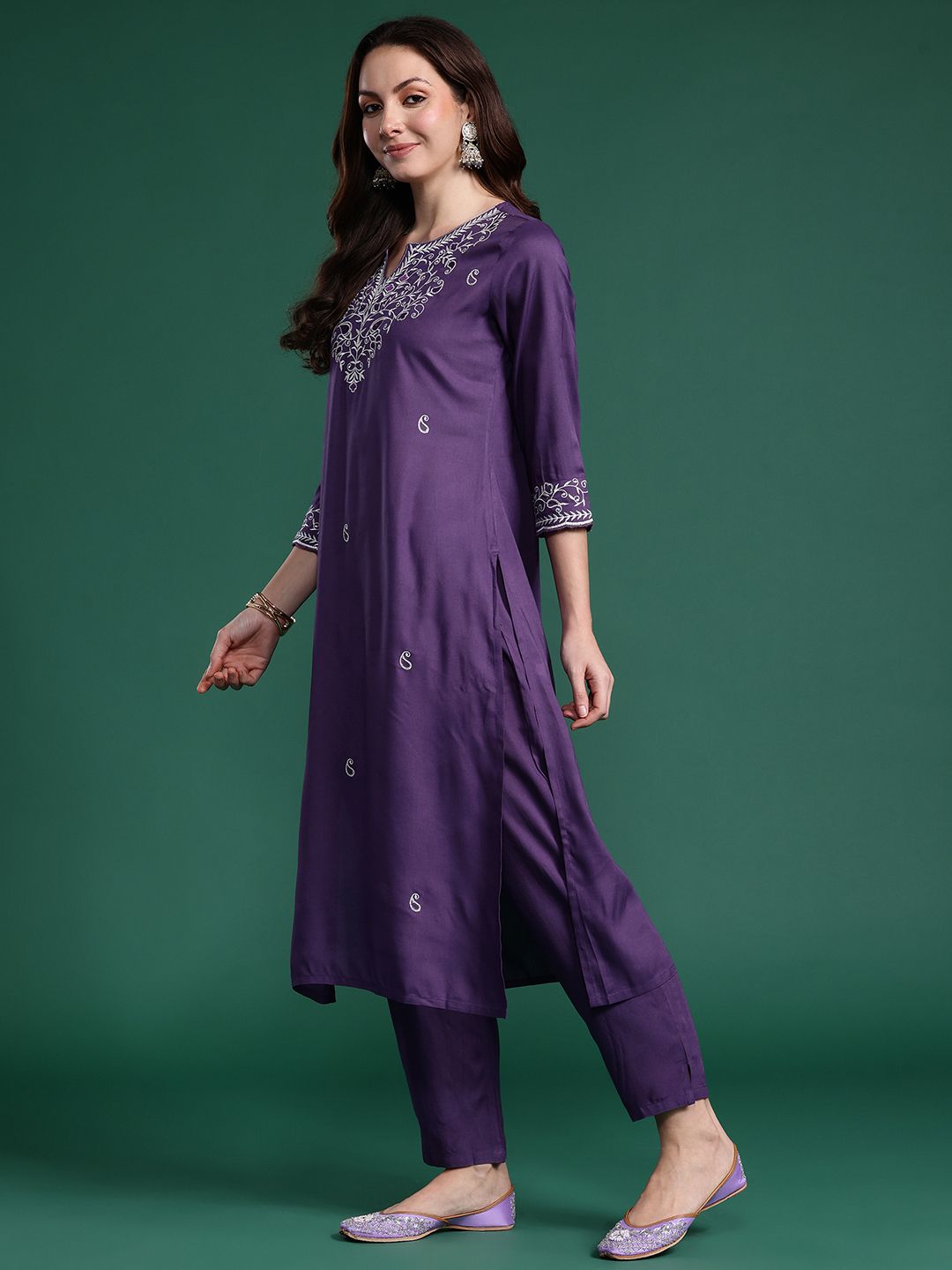 Indyancart IE Paisley Embroidered Kurta with Trousers & Dupatta