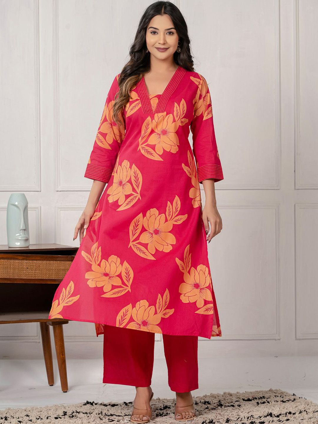 Floral Printed Regular Pure Cotton Kurta With Trousers