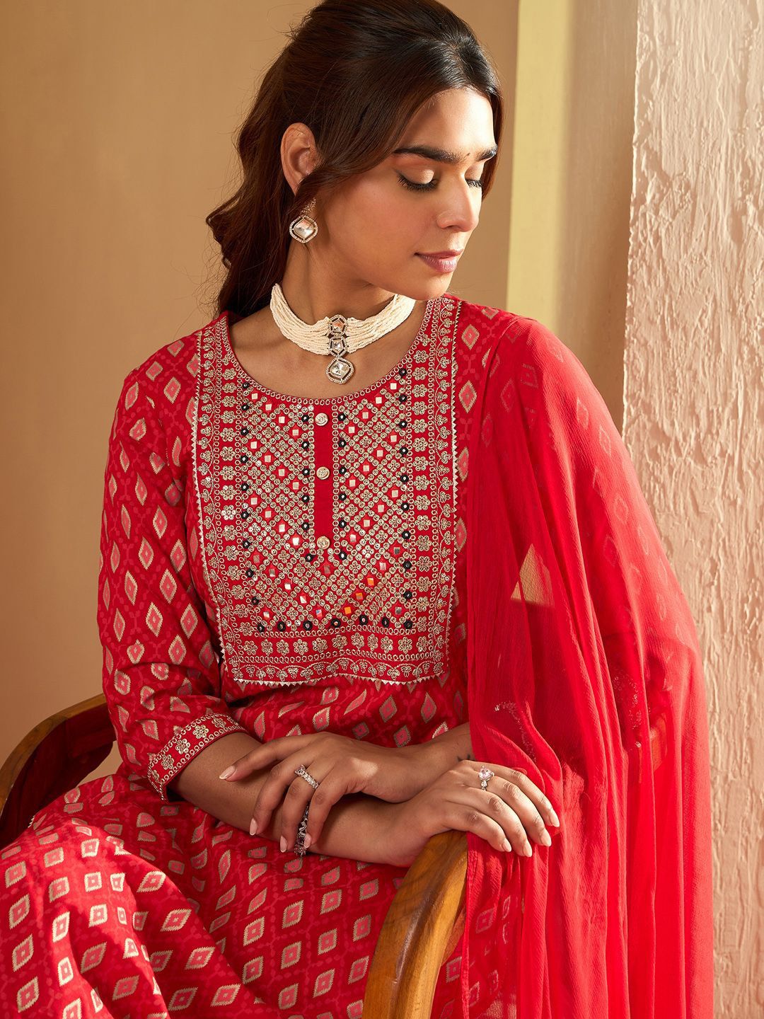 Indyancart IE Floral Printed Mirror Work Straight Kurta With Trousers & Dupatta