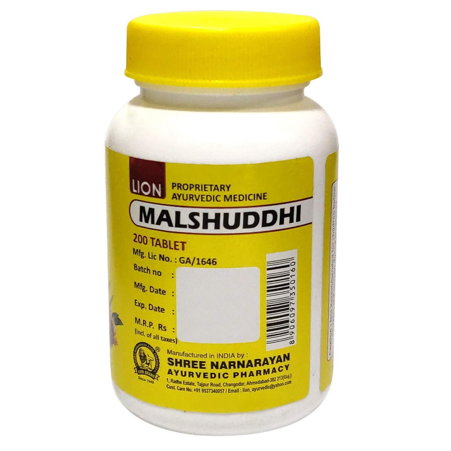 Lion Ayurveda Mal Shuddhi Ayurvedic tablets in a bottle with tablets visible, highlighting natural herbal supplement for wellness.