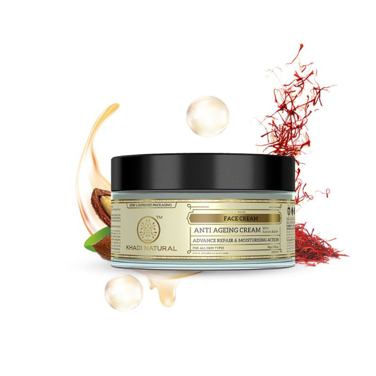 Khadi Natural anti-aging cream jar with herbal ingredients to reduce fine lines and wrinkles, displayed on a wooden surface.