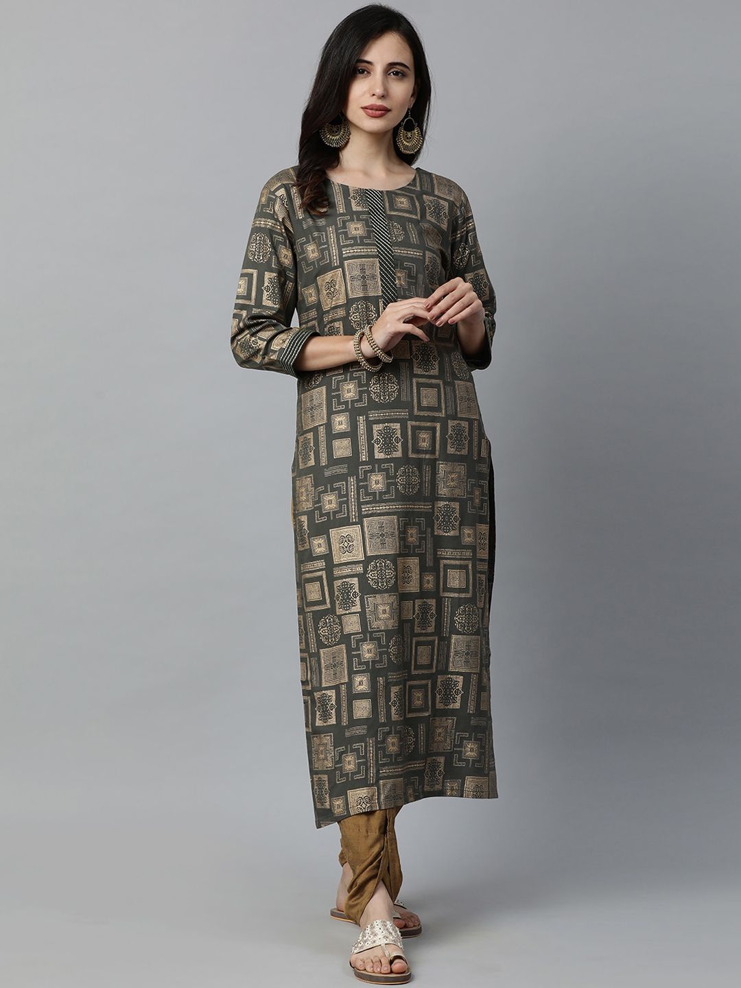 Dhiyona IE Women Green Printed Straight Kurta
