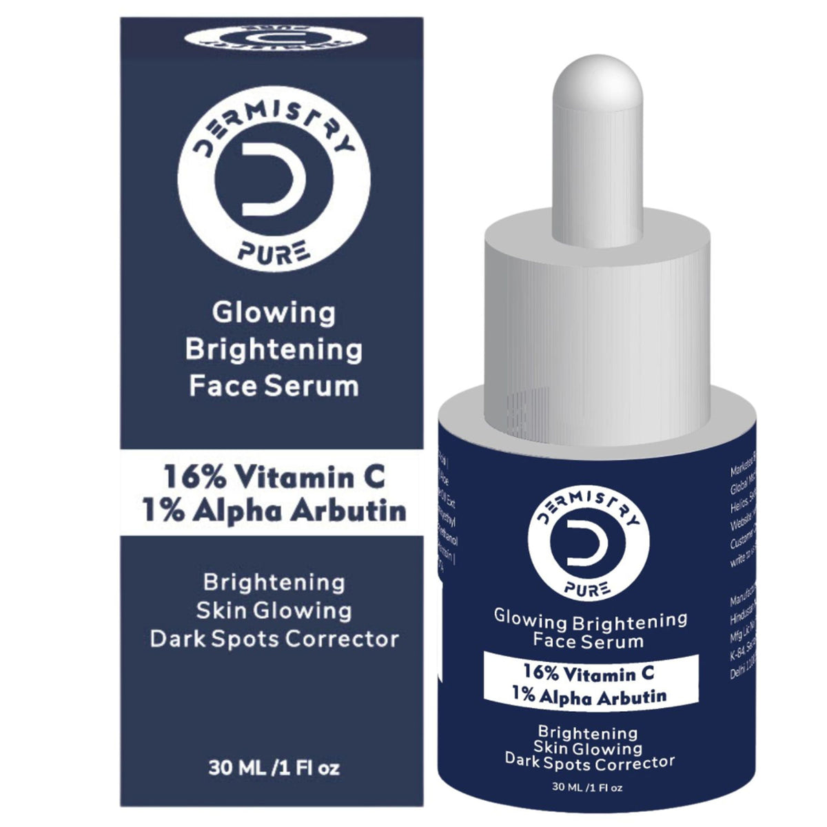 DERMISTRY 16% Vitamin C face serum for dark spots, dull skin, and glowing, fair skin in a clear dropper bottle.