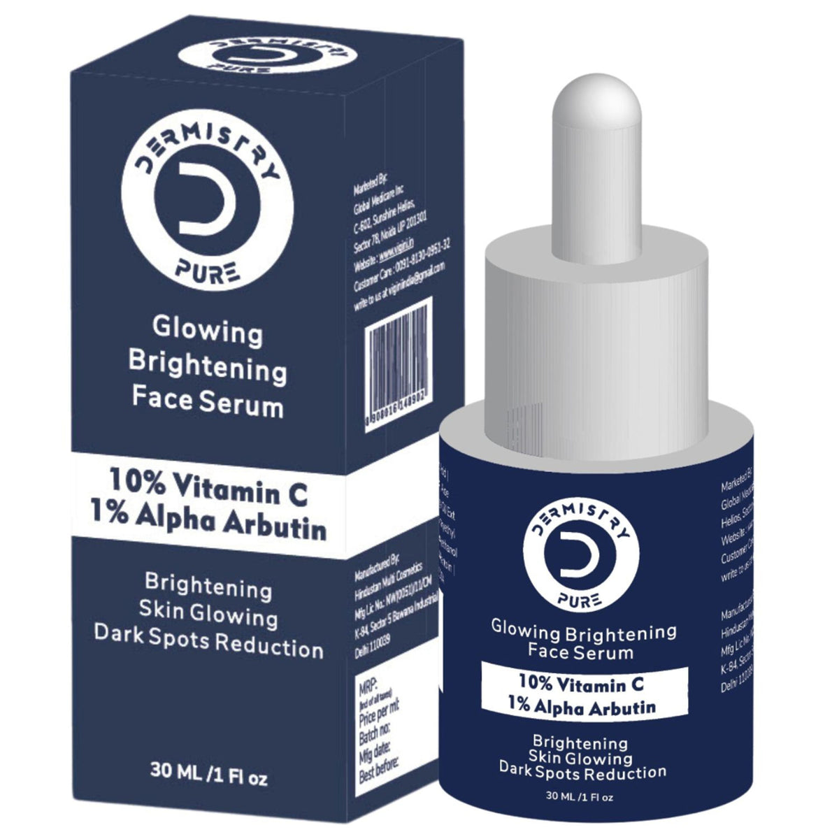 DERMISTRY 10% Vitamin C Alpha Arbutin Glowing Skin Face Serum for Brightening Lightening Whitening
