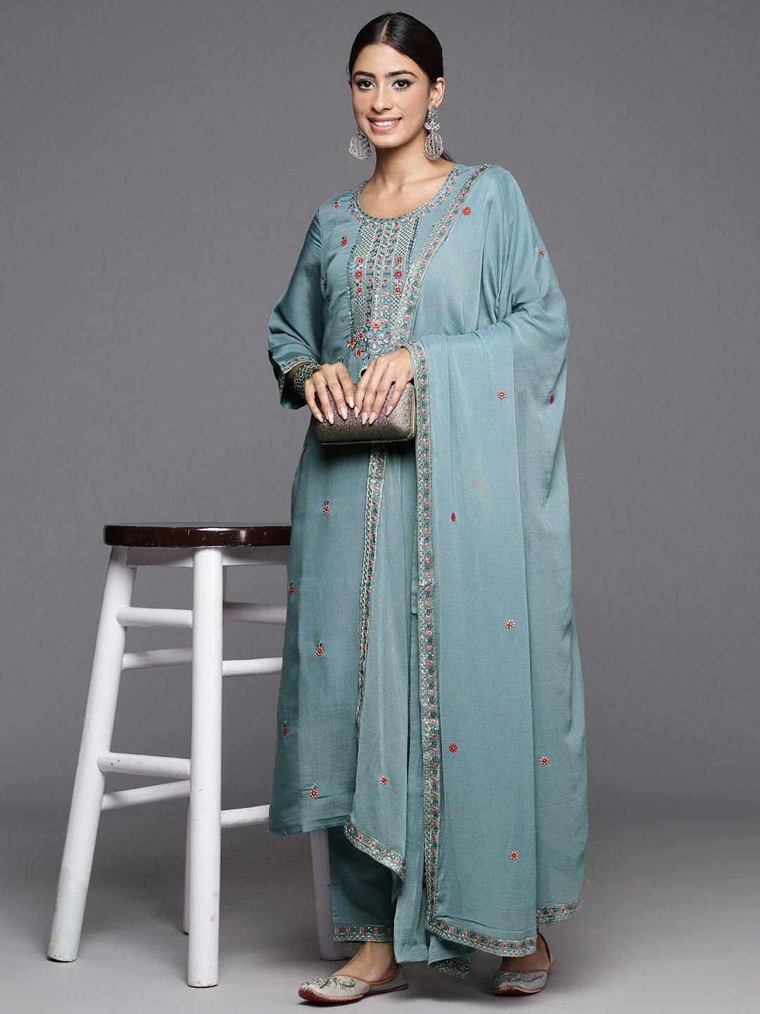 Indyancart VA Women's Floral Embroidered Regular Sequined Kurta with Trousers & Dupatta