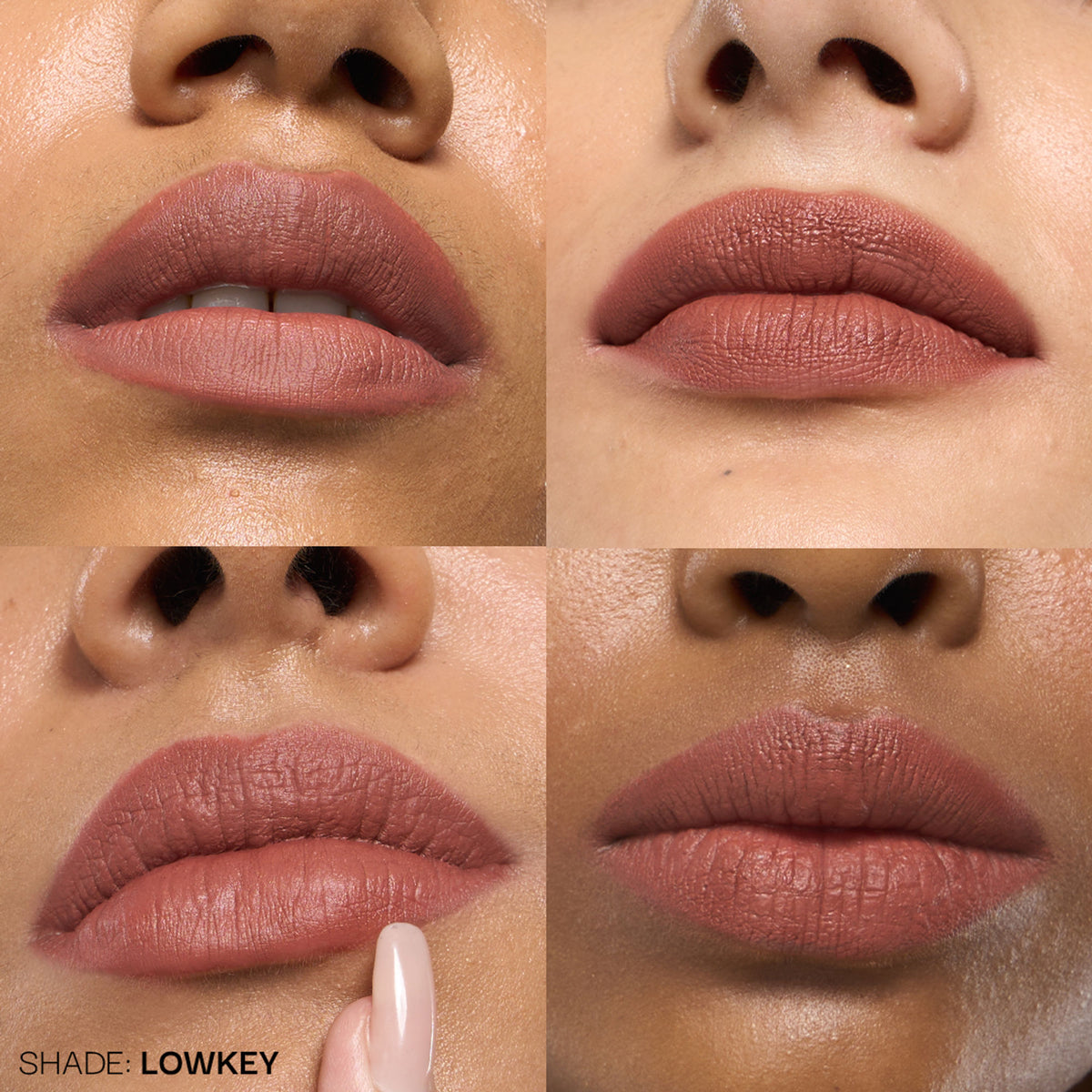 FAE Beauty Modern Matte Lipstick in Low-key shade, featuring sleek packaging and the lipstick bullet with matte finish.