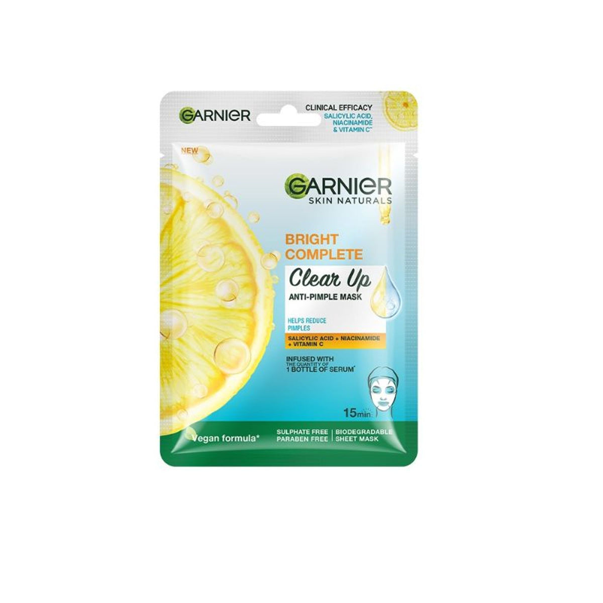 Garnier Bright Complete anti-pimple sheet mask with salicylic acid, niacinamide, and vitamin C serum on clear skin