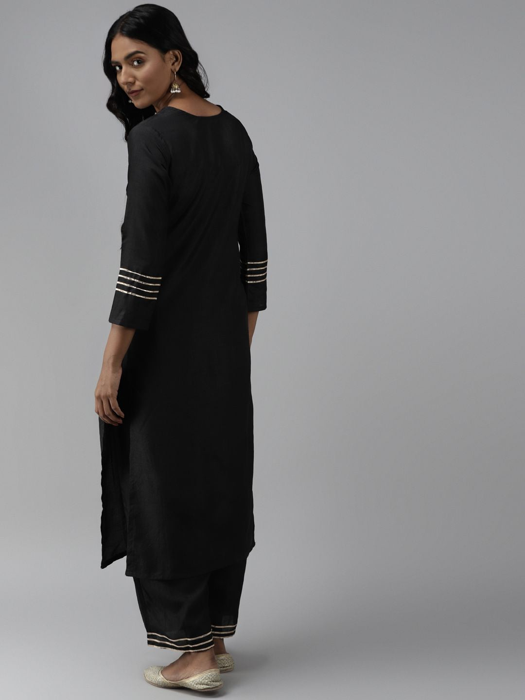 Dhiyona IE Women Black Yoke Design Regular Mirror Work Kurta with Palazzos