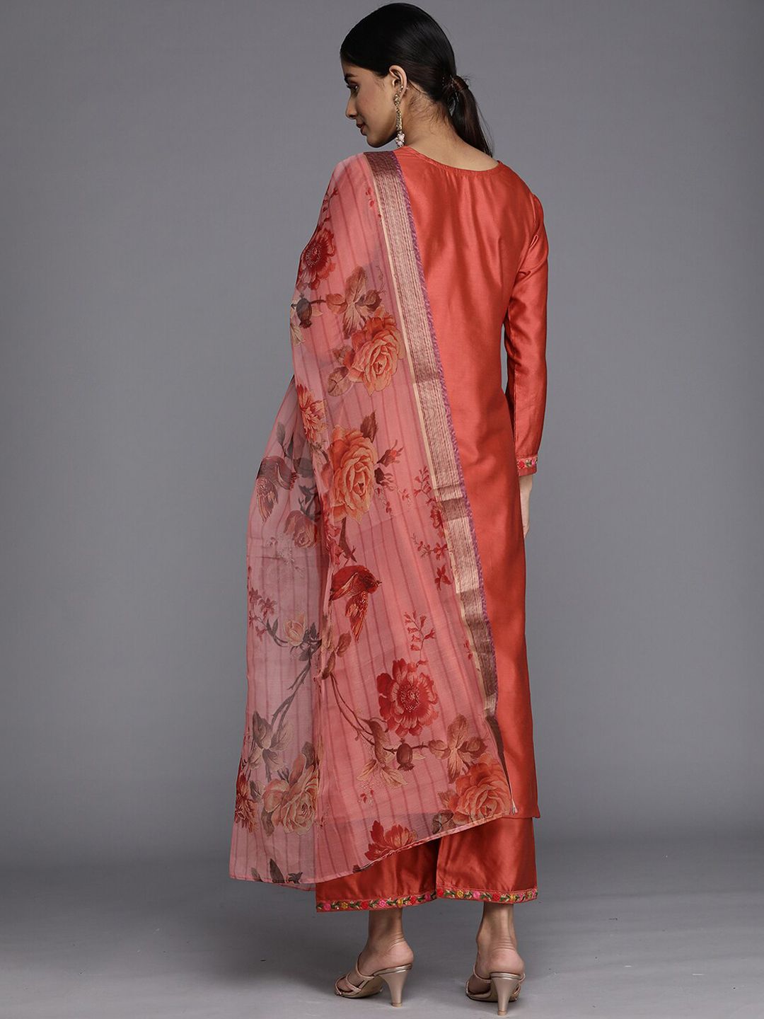 Indyancart IE Floral Embroidered Thread Work Liva Kurta With Palazzos & Dupatta
