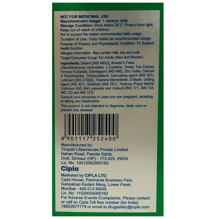 Cipla Adgain Plus healthy hair capsules in a white bottle with label, featuring hair care ingredients and product branding.