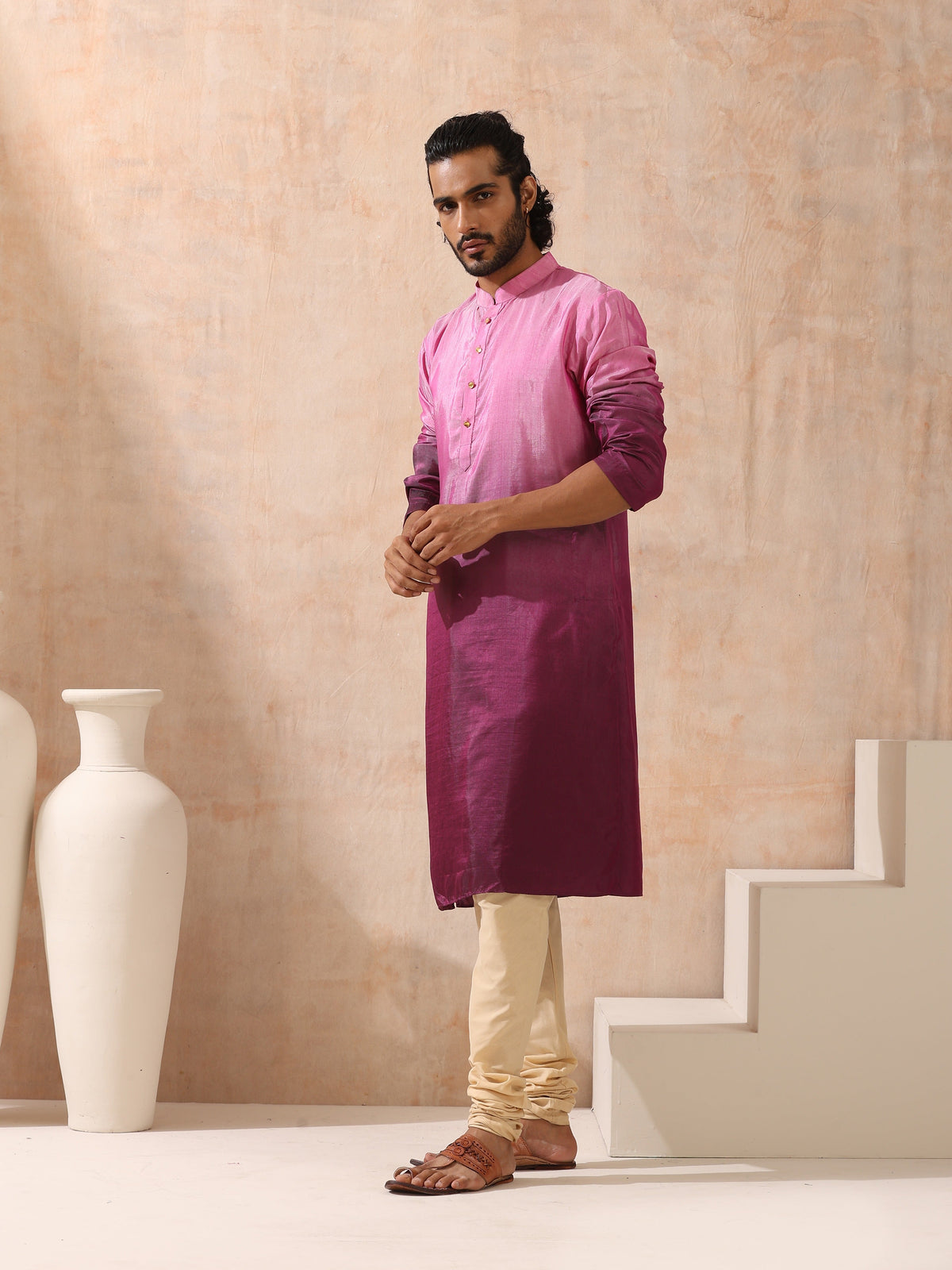 Indyancart ST Mens Ombre Shades of Pink Kurta