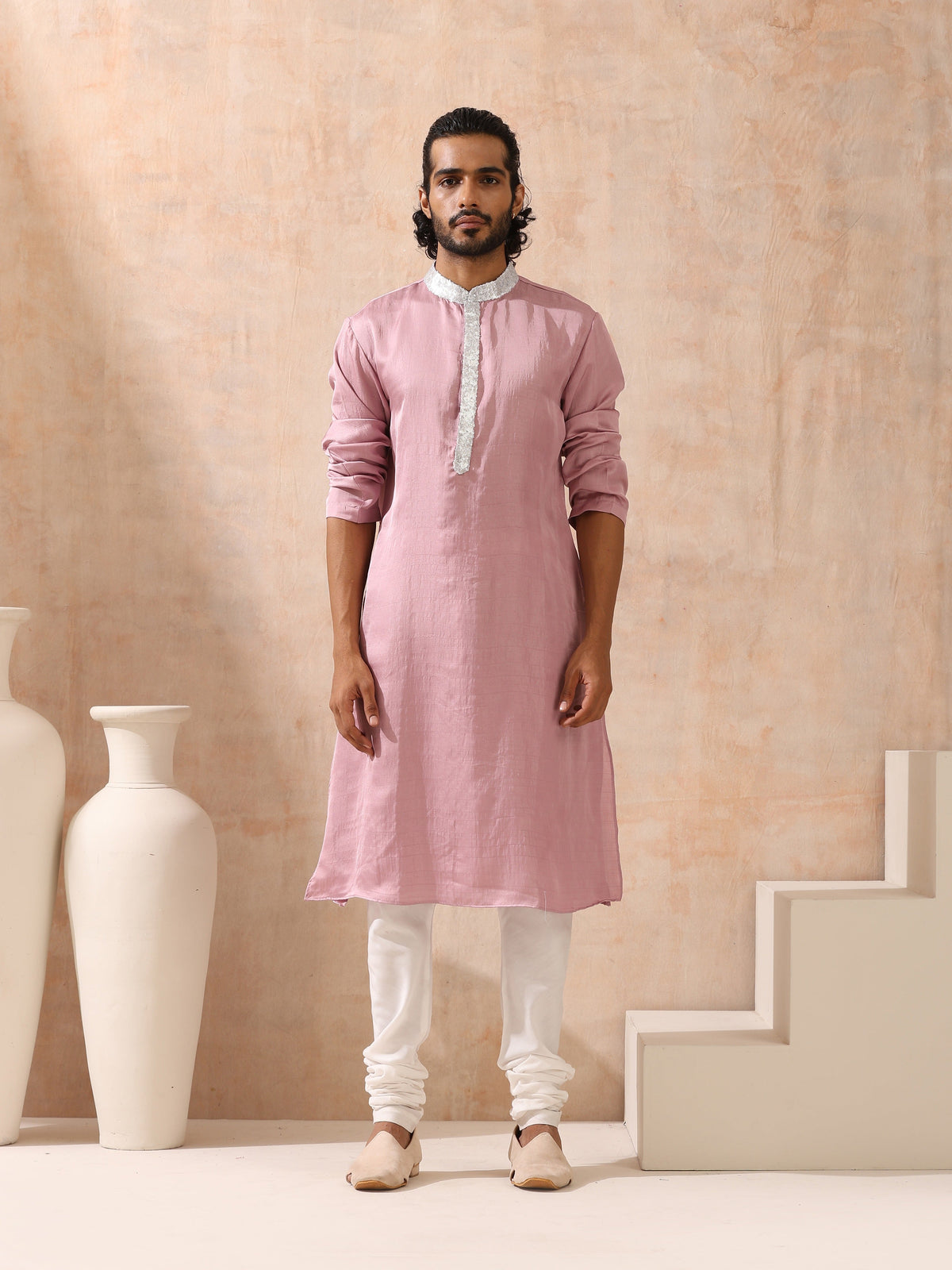 Indyancart ST Mens Pink Kurta with Silver Sequin Placket and Collar