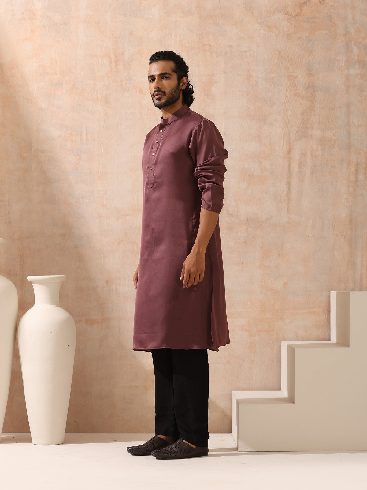 Indyancart ST Mens Chocolate Kurta with Gold Buttons