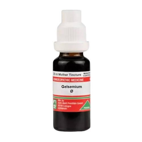 Bottle of Adel Homeopathy Gelsemium Mother Tincture Q in a glass container with a label, set against a plain background.