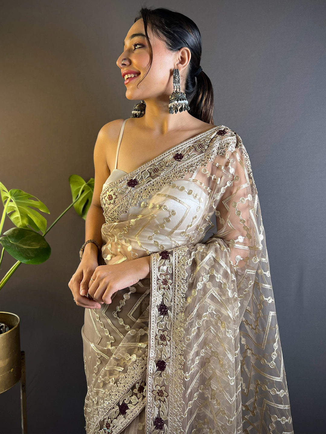 Women's Net Beige Embellished Designer Saree With Blouse Piece