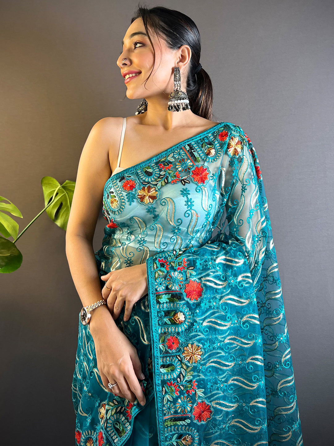 Women's Net Blue Embellished Designer Saree With Blouse Piece