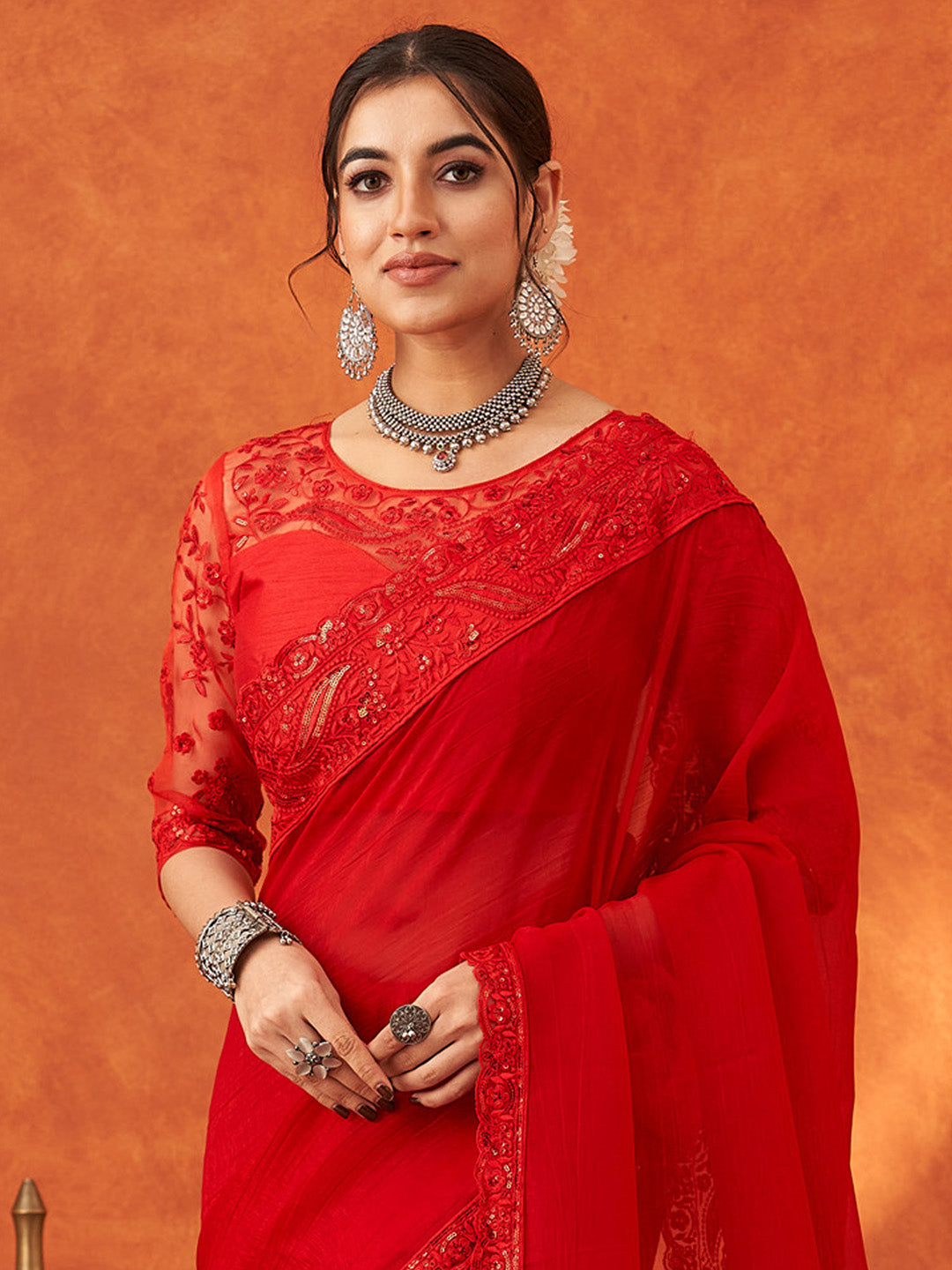 Women's Chiffon Red Embellished Designer Saree With Blouse Piece