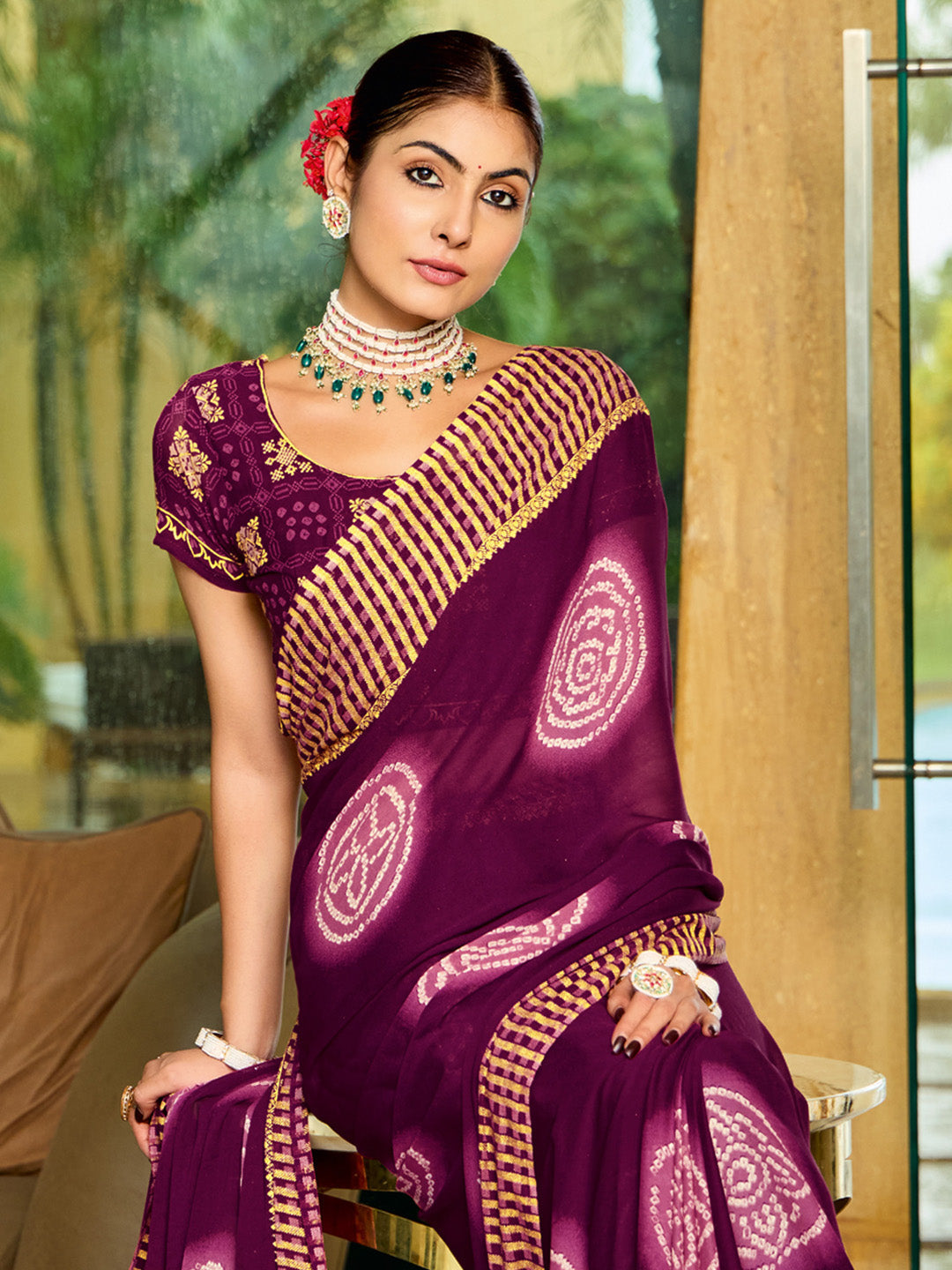 Women's Georgette Magenta Printed Designer Saree With Blouse Piece