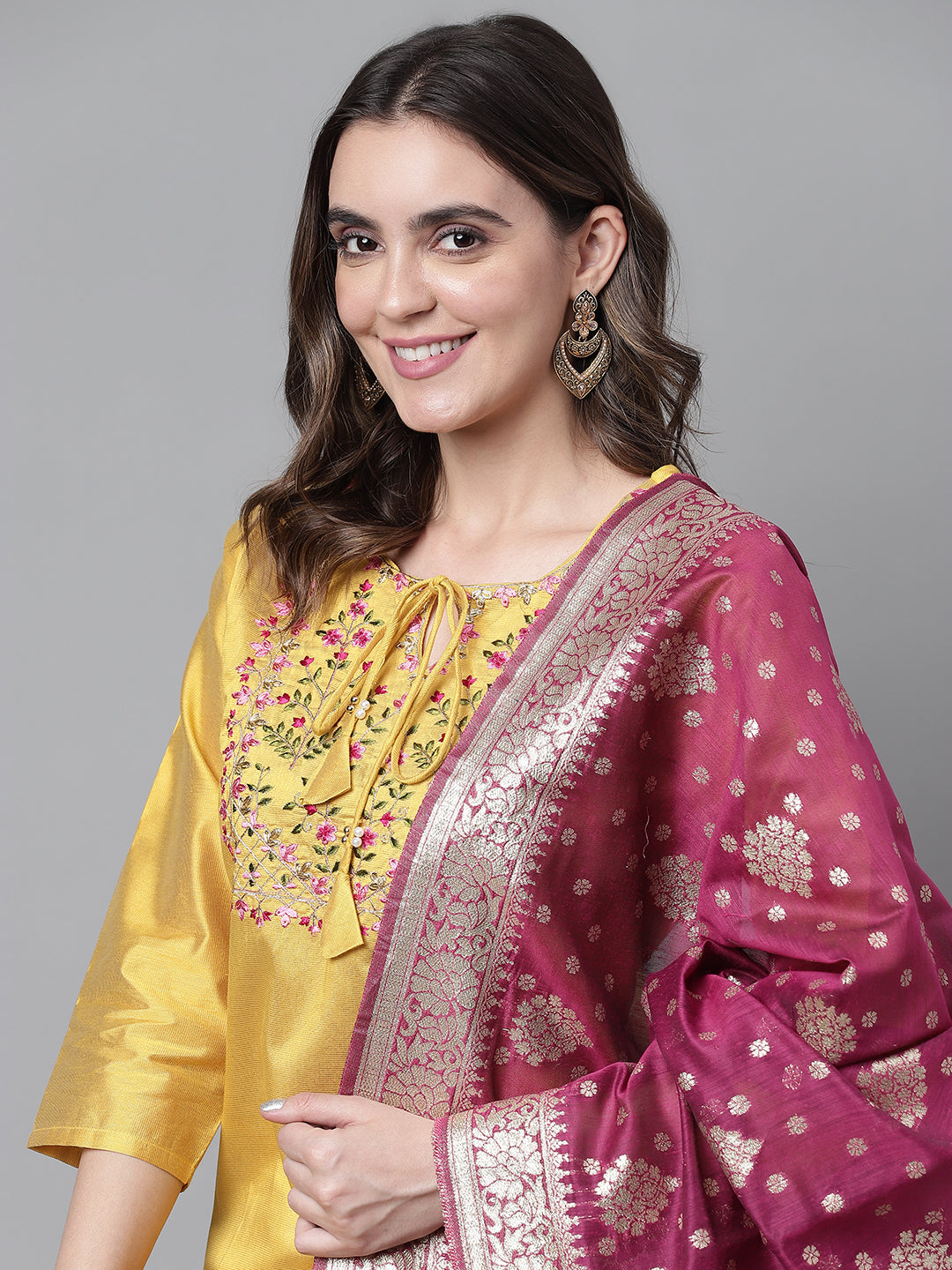 Dhiyona RV Women's Art Silk Embroidered Straight Side Slit Kurta Set With Dupatta
