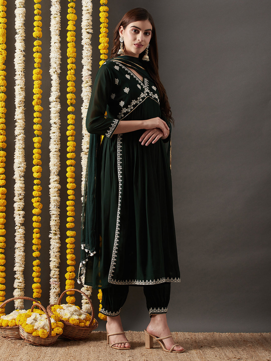 Dhiyona RV Women's Faux Georgette Fabric Embroidered Kurta Set With Dupatta