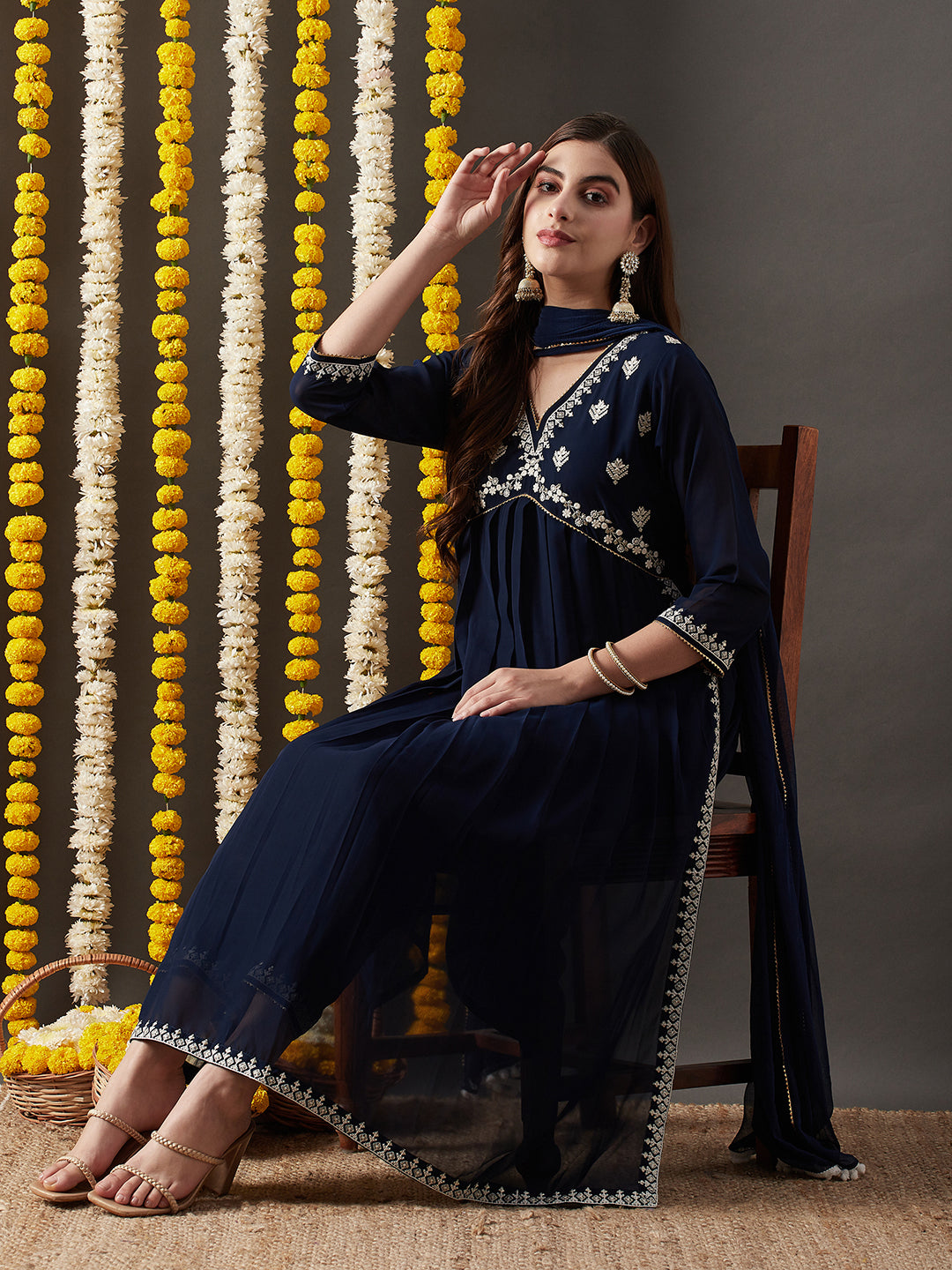 Dhiyona RV Women's Faux Georgette Fabric Embroidered Kurta Set With Dupatta