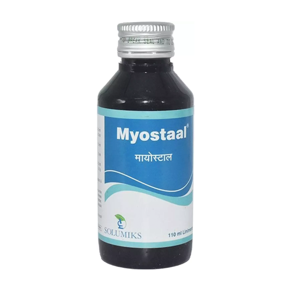Solumiks Myostaal Liniment bottle featuring Ayurvedic oils for wellness and muscle relief.