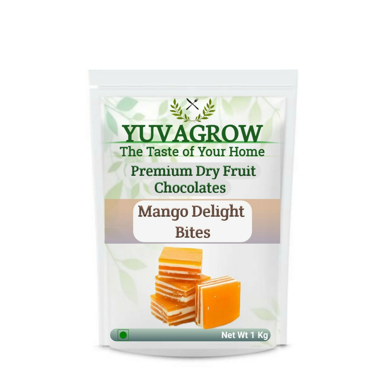 Yuvagrow Mango Bites chocolates in a colorful package, showcasing the delicious mango-flavored candy inside.
