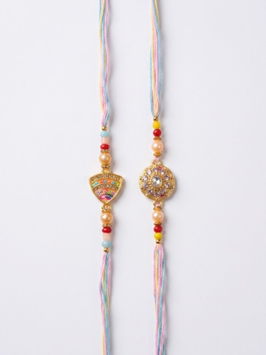 Indyancart Set Of 2 Gold Toned Artificial Stones & Beads Thread Rakhi With Roli Chawal Chandan
