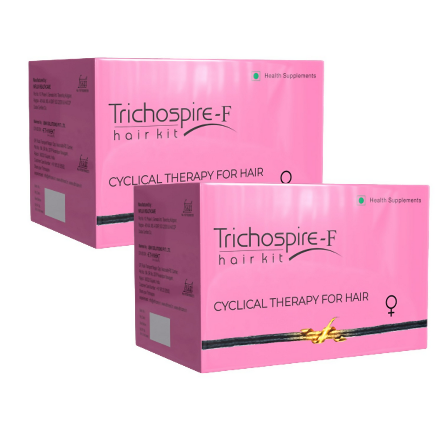 Trichospire F Hair Kit for hair care, featuring bottles and containers with hair treatment products, on a clean background.
