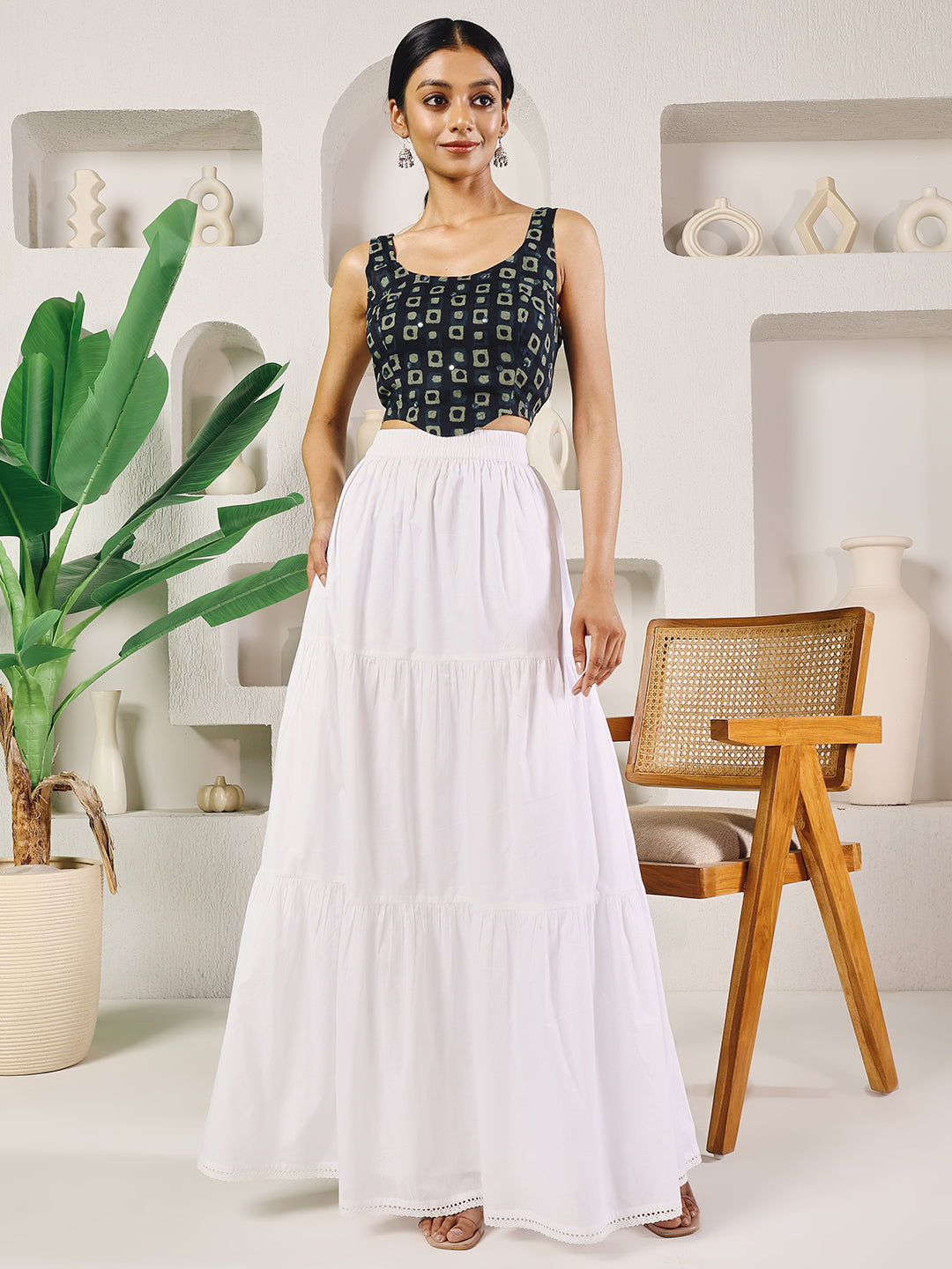 Indyancart FL Women's White Cotton Tiered Maxi Skirt