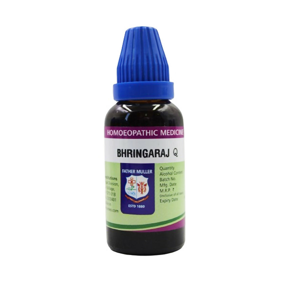 Father Muller Bhringaraj Mother Tincture Q bottle with label showing the herbal tincture in a glass dropper bottle.