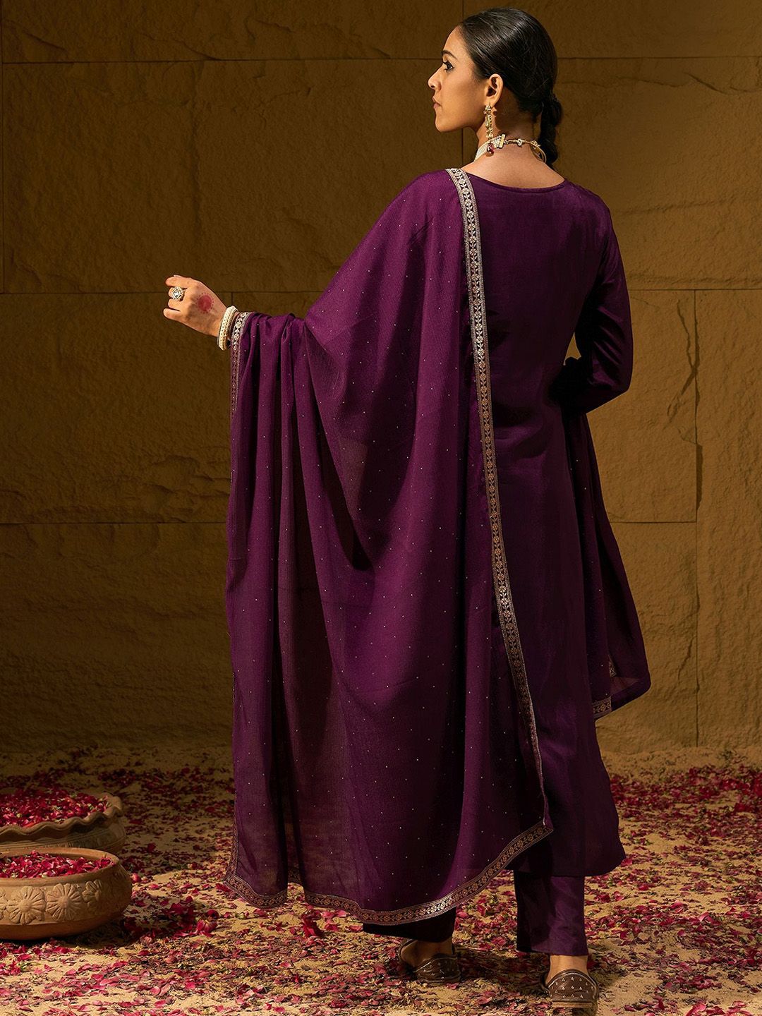 Indyancart IE Burgundy Floral Woven Design Thread Work Straight Kurta with Trousers & Dupatta