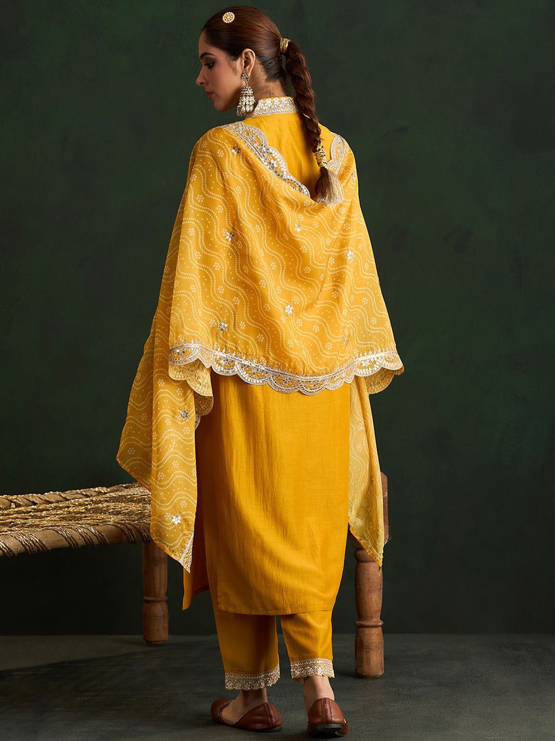 Indyancart IE Mustard Yellow Floral Embroidered V-Neck Straight Kurta with Trousers & Dupatta