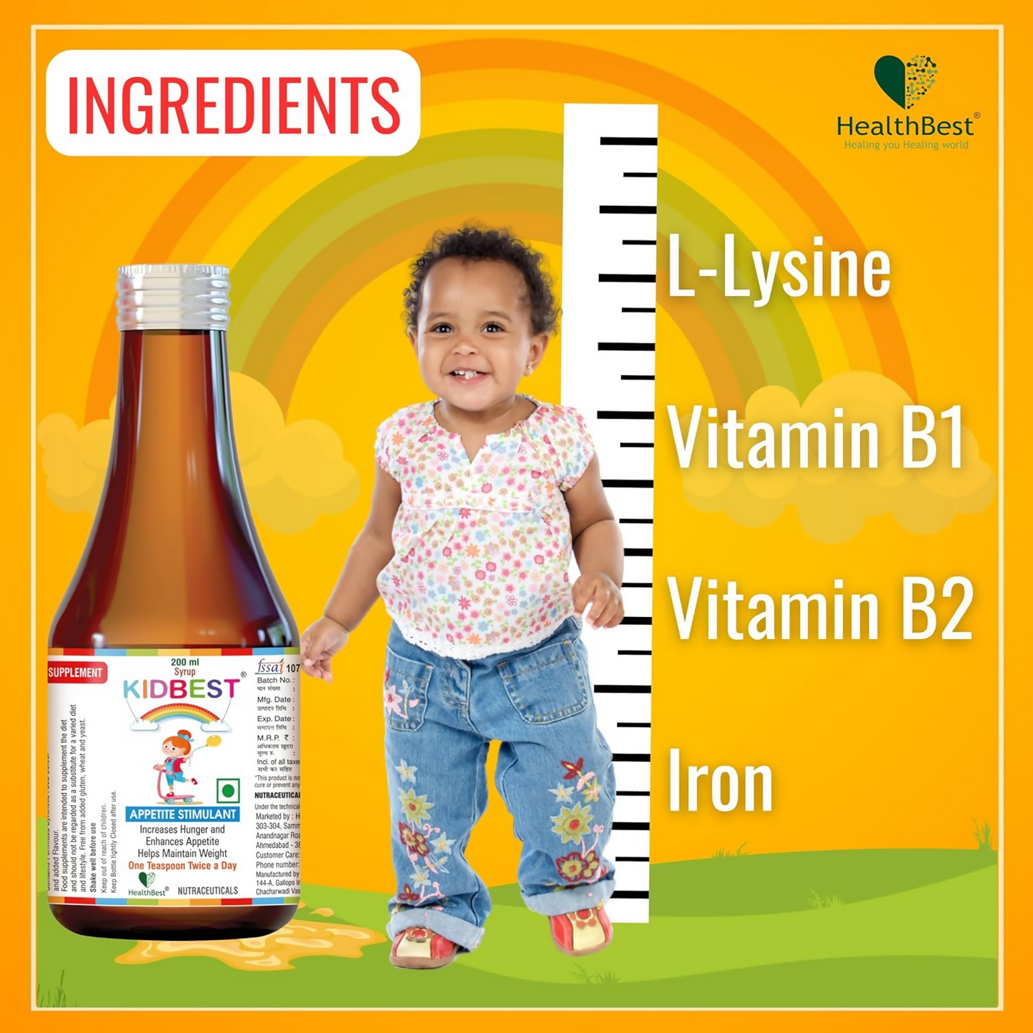 HealthBest Kidbest appetite stimulant syrup for kids, featuring a colorful bottle and child-friendly packaging for baby health support.