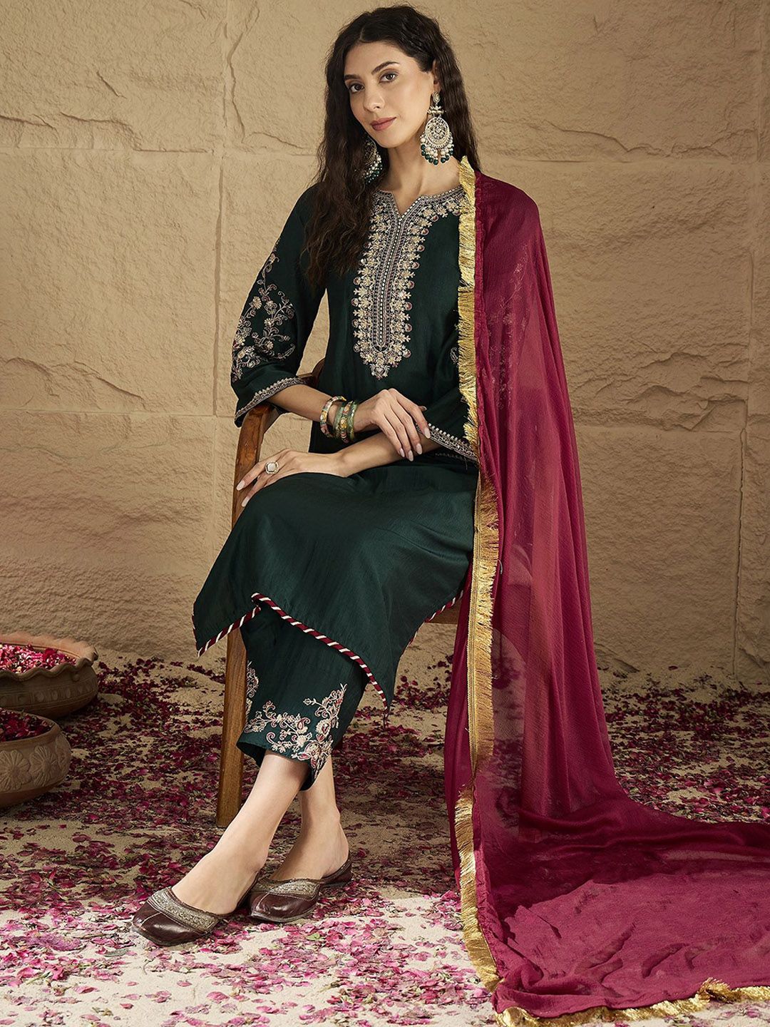 Indyancart VA Women'sFloral Yoke Design Straight Kurta With Trousers & Dupatta