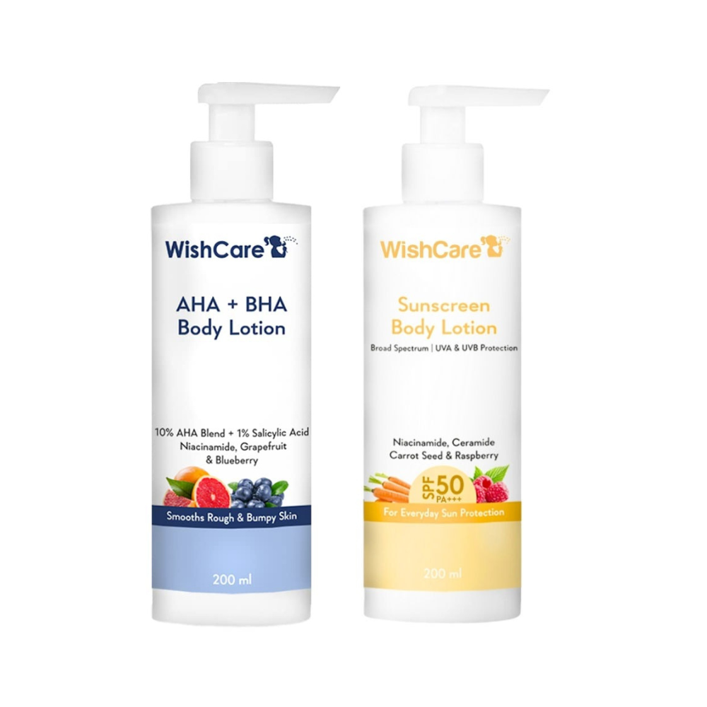Wishcare Detan Combo Sunscreen SPF 50 and body lotion with AHA and BHA, featuring bottles of skincare products on a white background.