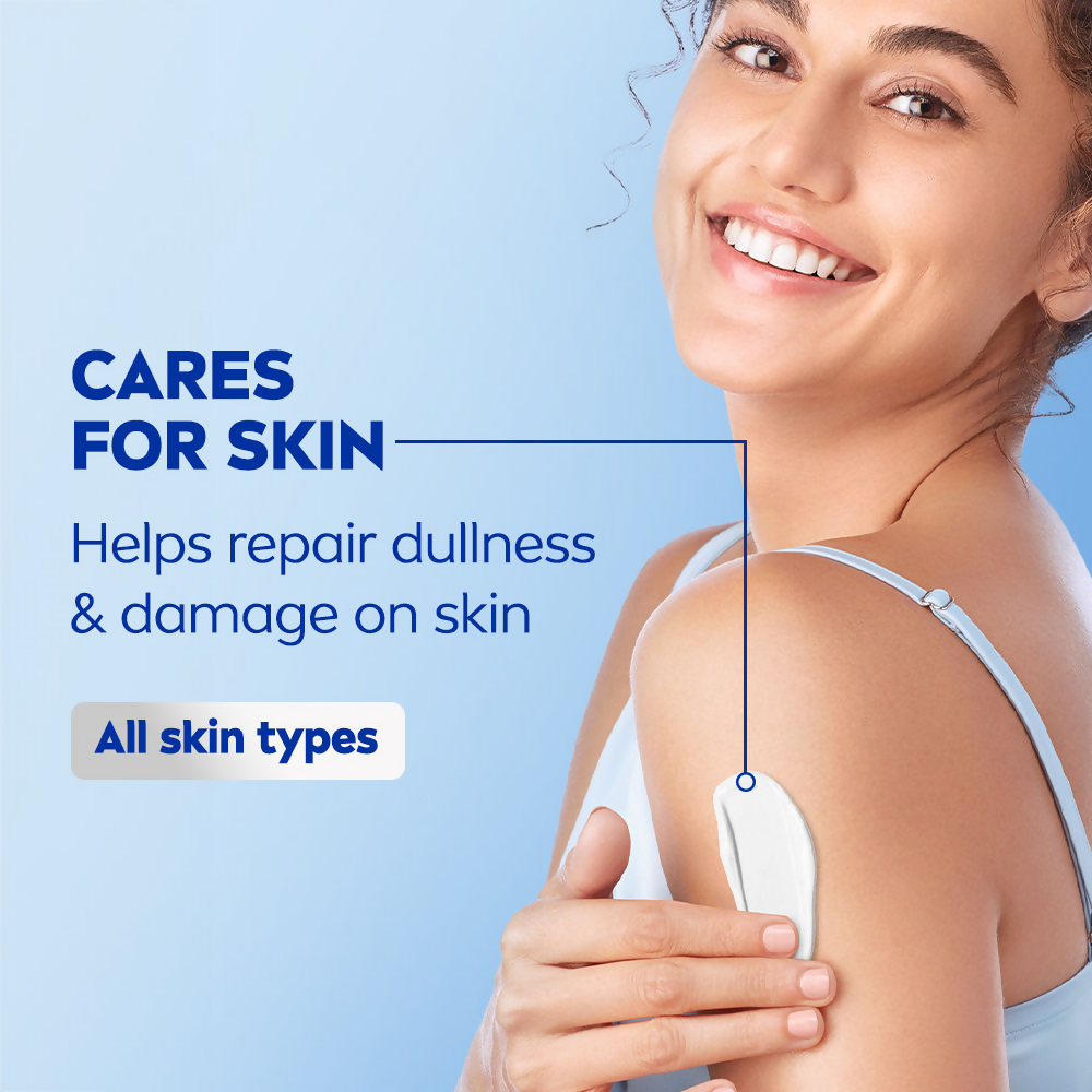 Nivea sunscreen and 50X Vitamin C body lotion bottle with bright packaging, designed for skin protection and brightening.