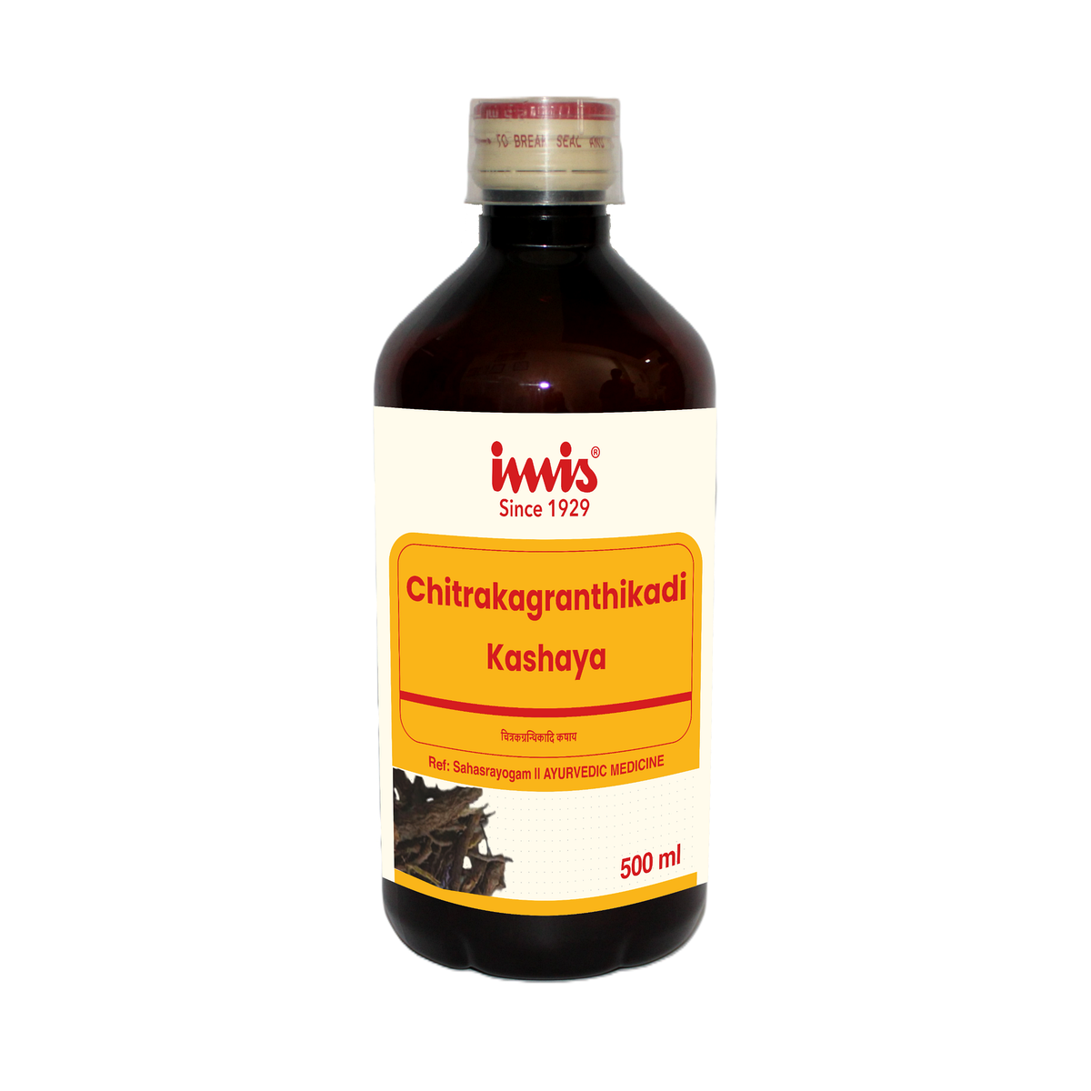 IMIS Ayurveda Chitrakagranthikadi Kashaya bottle, 500ml Ayurvedic syrup with herbal ingredients, natural health remedy.