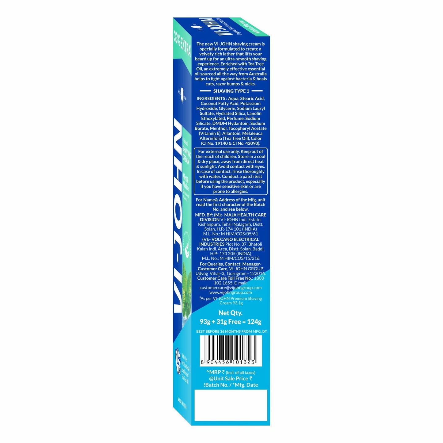 VI-JOHN Vitamin E enriched anti-bacterial mint and marine shaving cream in a tube, designed for smooth, hygienic shaving.