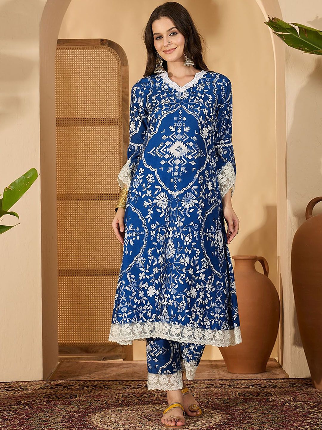 Indyancart SN Women's Floral Printed V-Neck Straight A-Line Kurta With Trousers And Dupatta