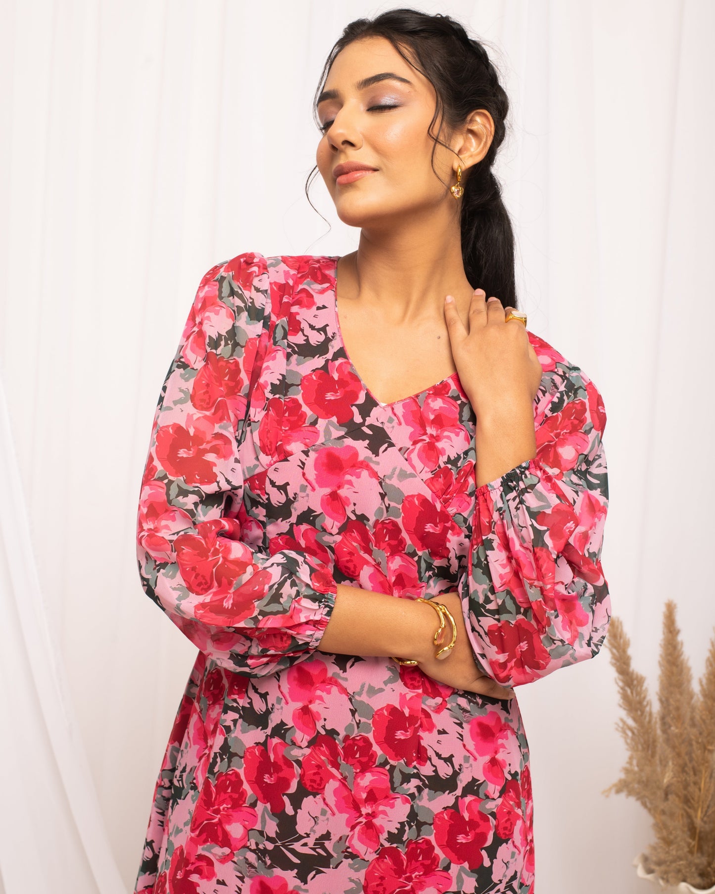 Women's Red Georgette Floral Printed Dress