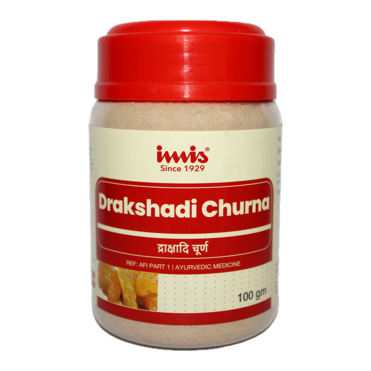 IMIS Ayurveda Drakshadi Churna in a 100g package, showing the herbal Ayurvedic powder in a jar with a label.