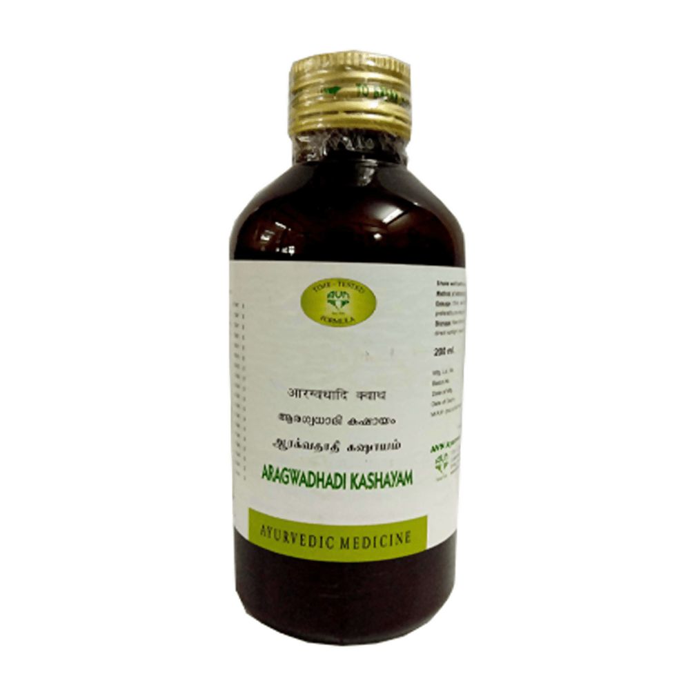AVN Aragwadhadi Kashayam Ayurvedic syrup bottle with label and cap, displayed on a plain background.